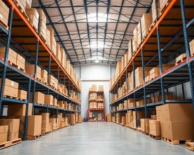 Organized warehouse interior with shelving and boxes